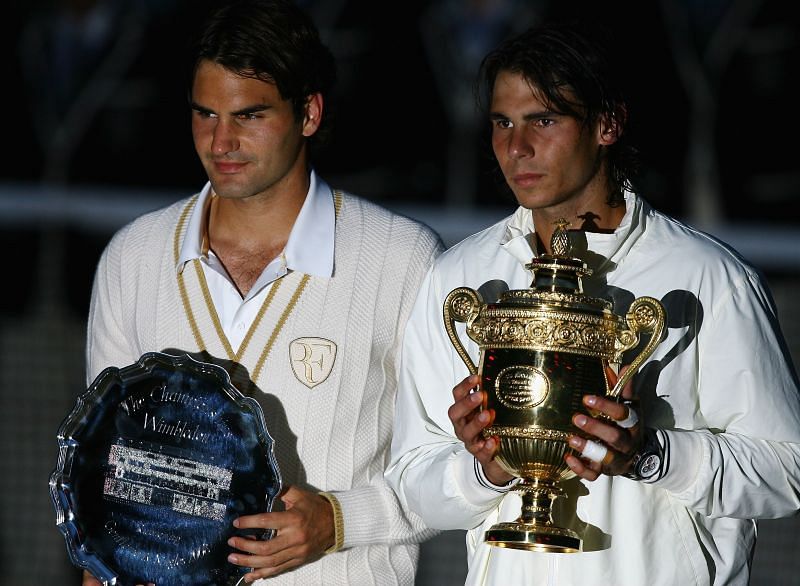 Roger Federer (left) and Rafael Nadal after the 2008 Wimbledon men&#039;s singles final
