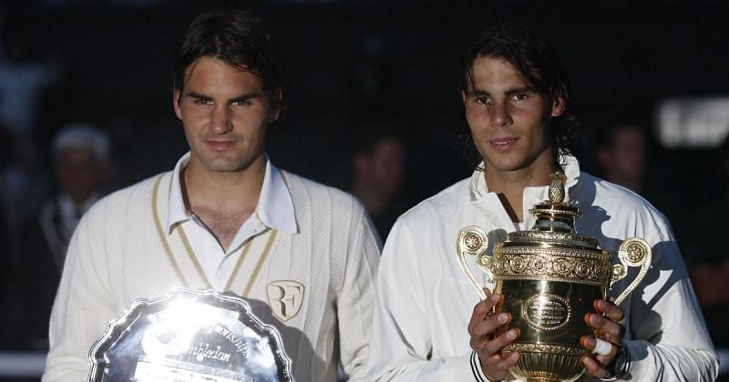 Roger Federer (left) and Rafael Nadal after the 2008 Wimbledon final