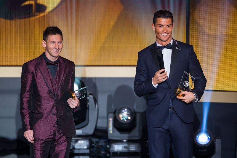 Lionel Messi and Cristiano Ronaldo at the FIFA Ballon d&#039;Or Gala in 2014