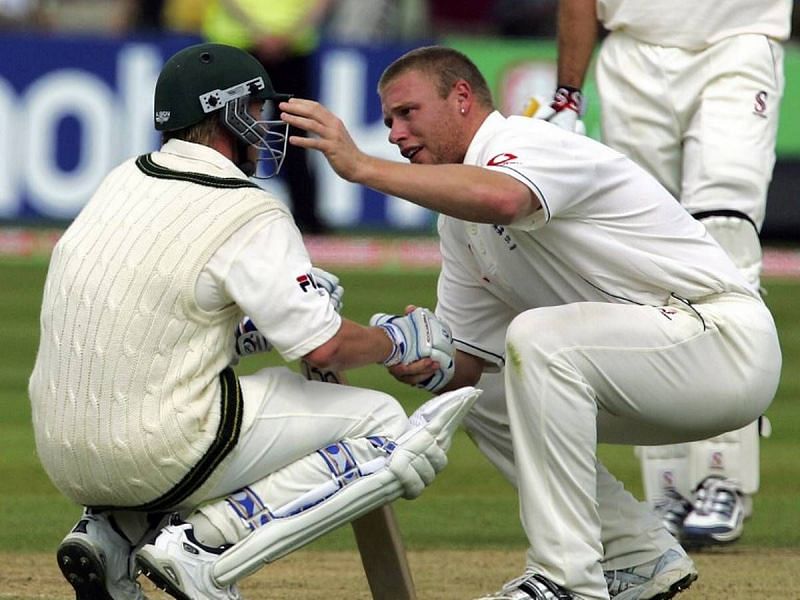 Andrew Flintoff consoling Brett Lee after Australia fall agonizingly short of a remarkable chase