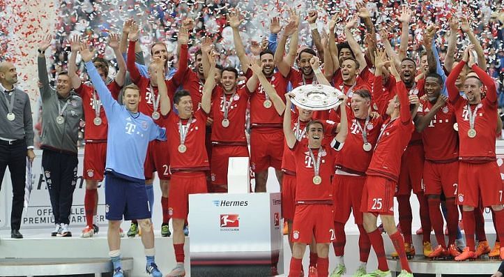 Bayern Munich celebrate their 2014-15 Bundesliga title. 