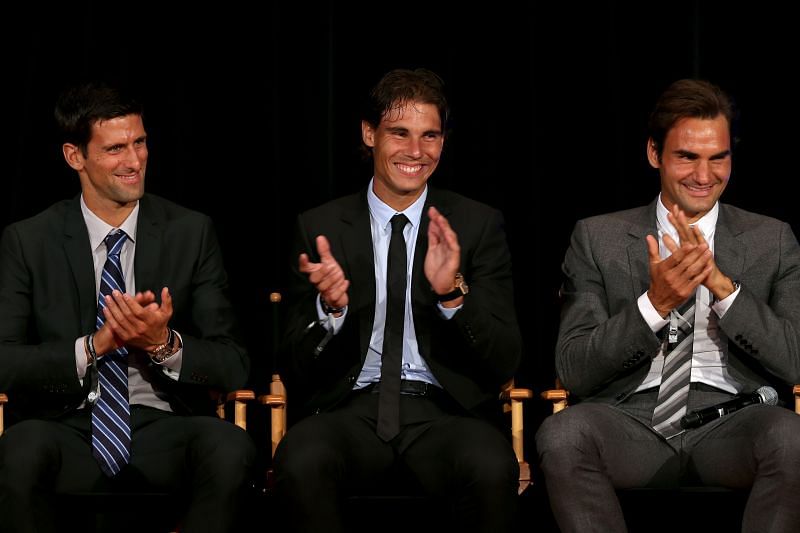 Novak Djokovic (L), Rafael Nadal (centre) and Roger Federer