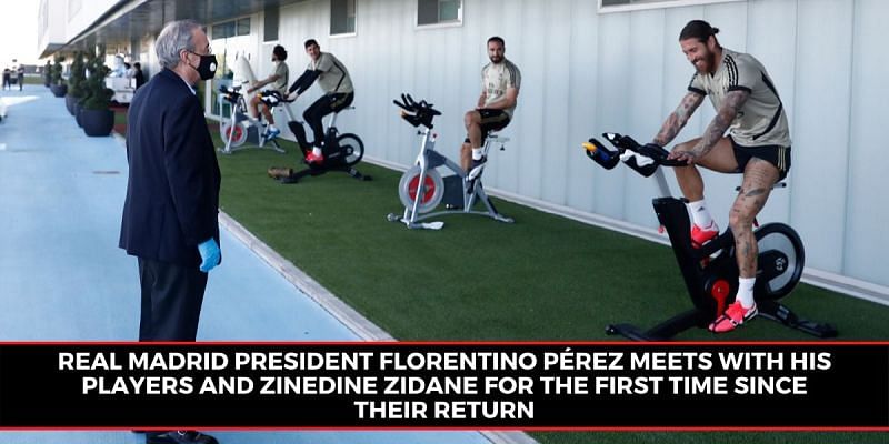 Real Madrid president Florentino Perez interacts with his players during the club&#039;s training session
