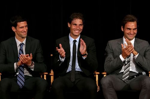 Novak Djokovic (L), Rafael Nadal (centre) and Roger Federer (R)