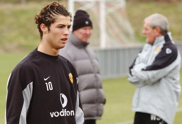 Ronaldo in training with Sir Alex Ferguson and Walter Smith