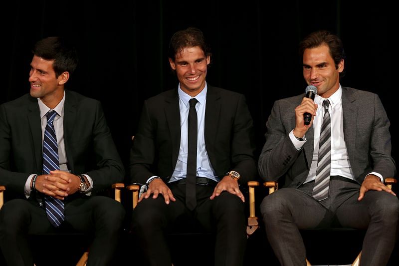 Novak Djokovic (left), Rafael Nadal (centre) and Roger Federer (right)