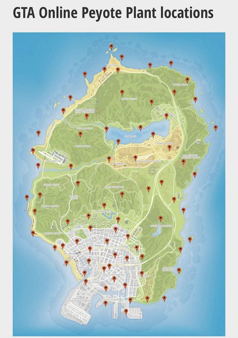 Locations of all 27 Peyote Plants in GTA 5 (picture credits: reddit)