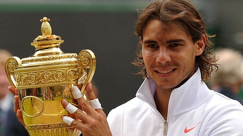 Rafael Nadal lifts his 2010 Wimbledon title