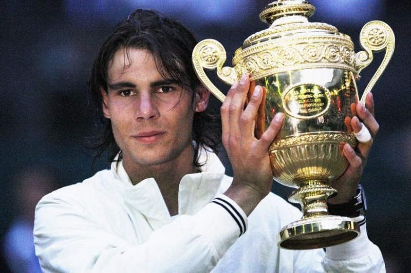 Rafael Nadal with the Wimbledon trophy in 2008
