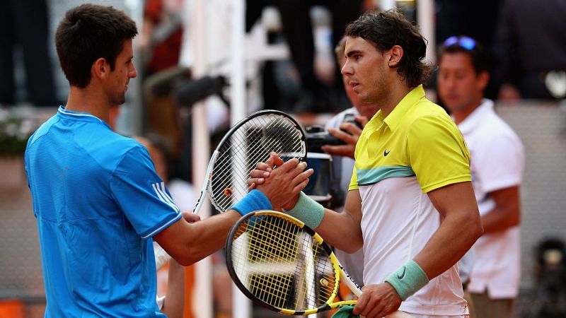 Novak Djokovic and Rafael Nadal shake hands after the match
