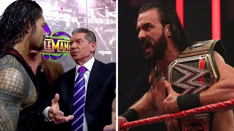 Vince McMahon and Roman Reigns (left); WWE Champion Drew McIntyre (right)