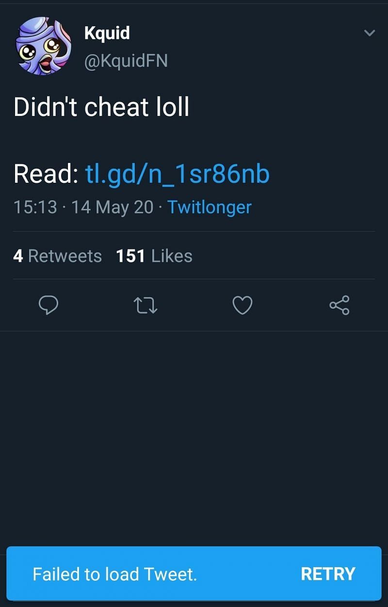 The Fortnite pro &#039;Kquid&#039; claims to have not cheated on his twitter (Image Credits: Kquid Twitter)