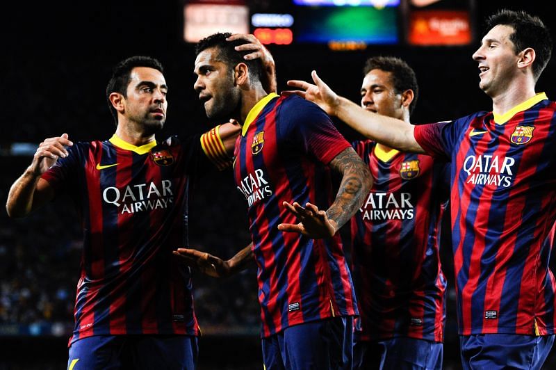 Neymar (2nd from right) and Xavi (far left) enjoyed great success together.