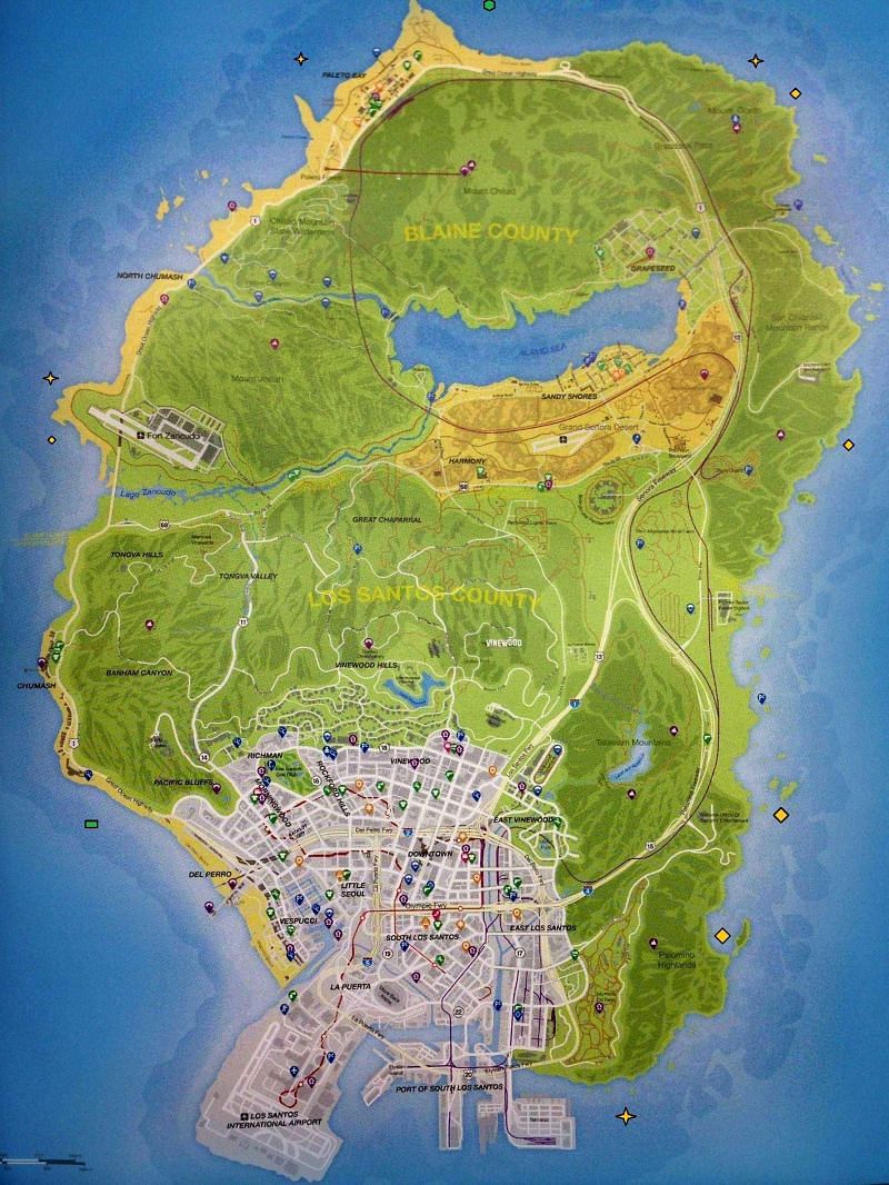 The Full Map of GTA 5, the ocean is accessible from the beach.