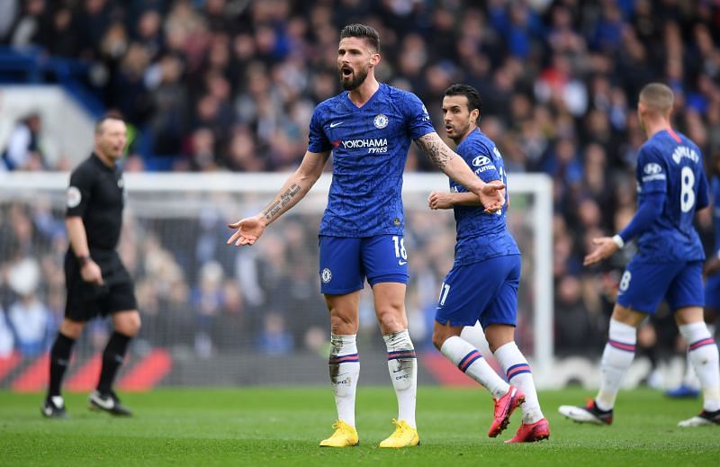 Olivier Giroud after scoring against Everton in a game before the lockdown