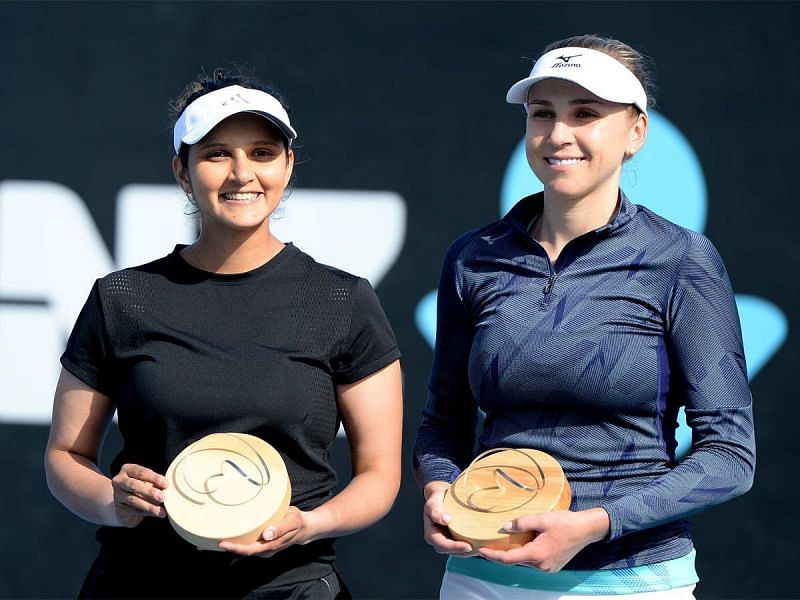 Sania Mirza poses with the 2020 Hobart title with doubles partner Nadiia Kichenov