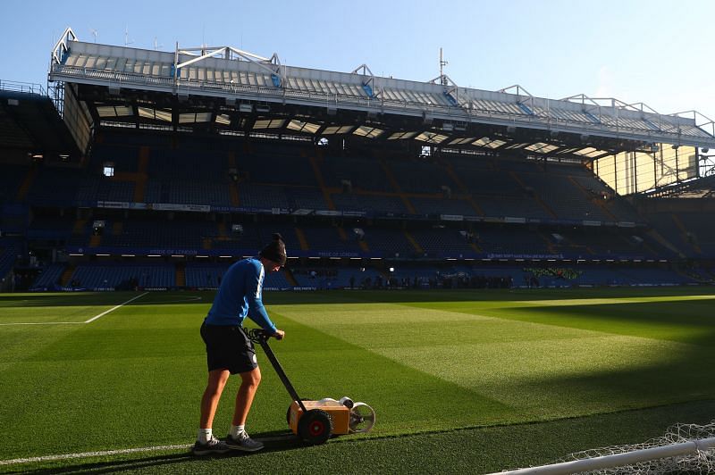Stamford Bridge being prepared ahead of an upcoming match