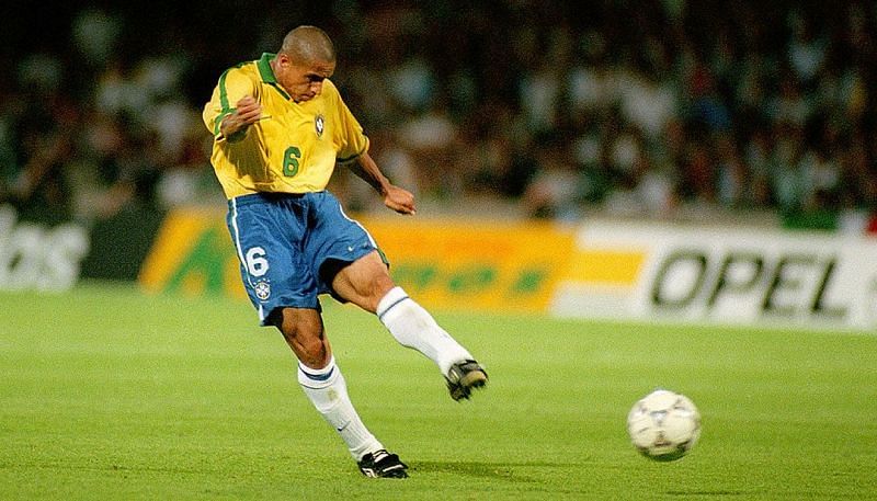 Roberto Carlos scoring the legendary free-kick against France in 1997