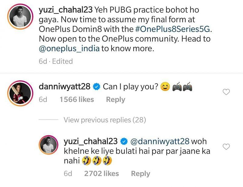 Exchange on Instagram between Danielle Wyatt and Yuzvendra Chahal