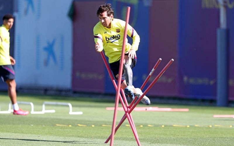 Lionel Messi was pictured in training today as Barcelona players were allowed to train in groups of 10