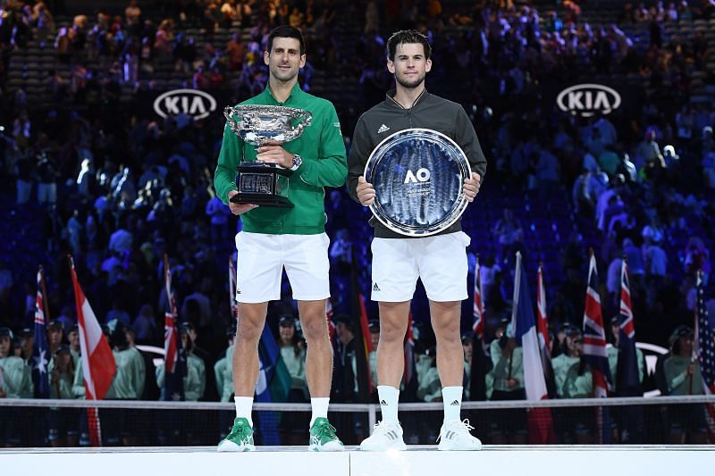 Dominic Thiem (right) with Novak Djokovic after the 2020 Australian Open final