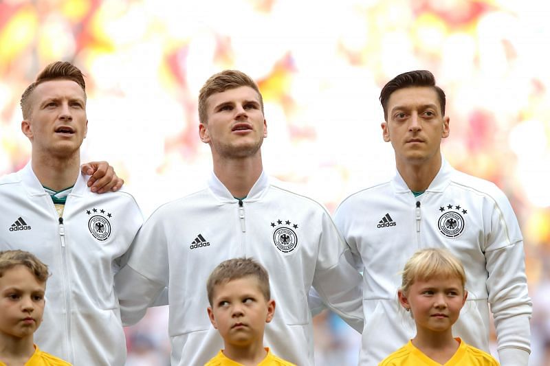 Timo Werner (centre) has carved out an important place for himself in the German national team, having led Die Manschaft to the FIFA Confederations Cup trophy in 2017. He also starred in Germany&#039;s disappointing World Cup campaign the next year.