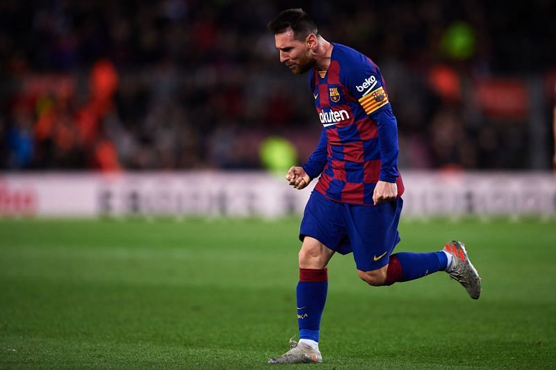 Lionel Messi celebrating after scoring for Barcelona