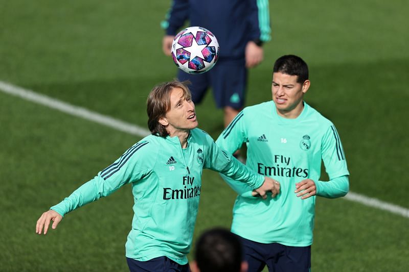 Rodriguez in training with Real Madrid star Luka Modric