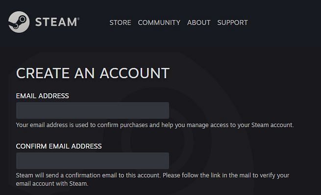 Steam registration screen