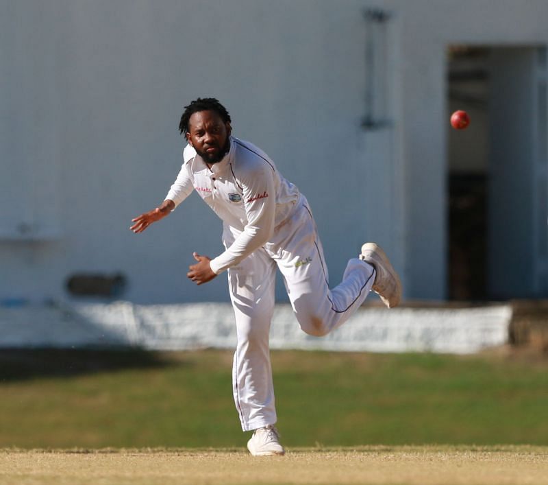 Jomel Warrican bowls against India A at the Queens Park Oval. Picture credit: Trinidad Guardian