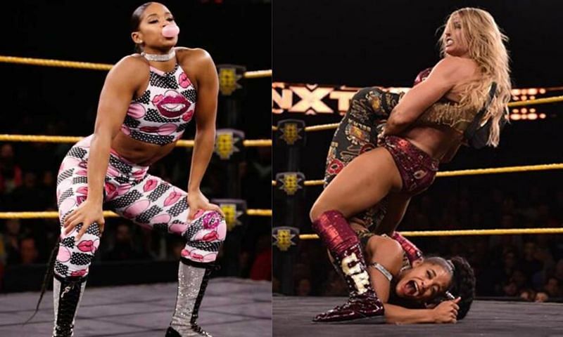Bianca Belair; Charlotte Flair with a Boston Crab on Bianca Belair on WWE NXT