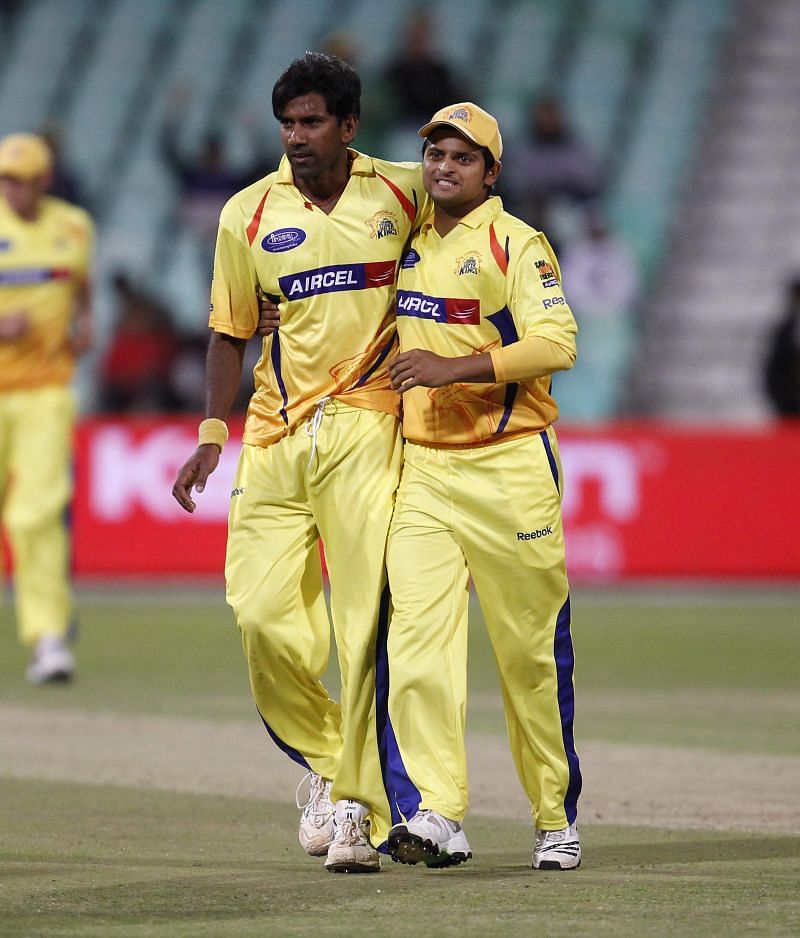 Lakshmipathy Balaji (left) in Chennai Super Kings colours