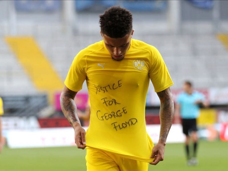 Jadon Sancho celebrates his goal against Paderborn with a message
