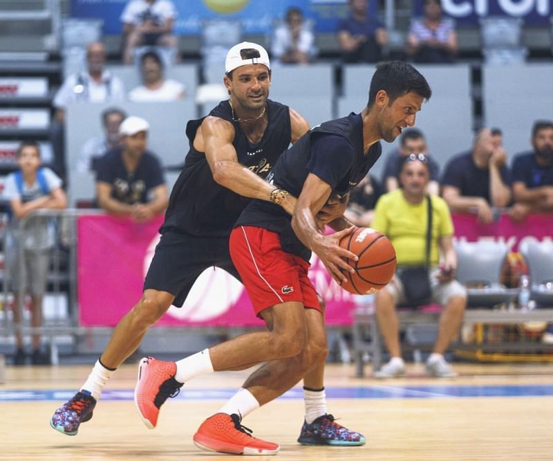 Novak Djokovic and Grigor Dimitrov playing basketball before the Zadar leg of the Adria Tour