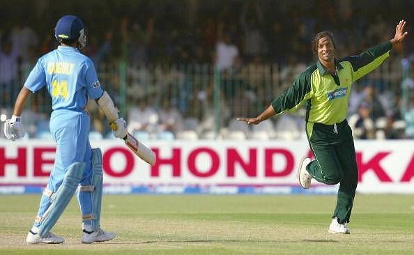 Shoaib Akhtar celebrates after getting Ganguly out