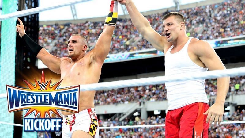 Mojo and Gronkowski at WWE WrestleMania 33, moments after the former&#039;s victory in the Andre the Giant Memorial Battle Royal