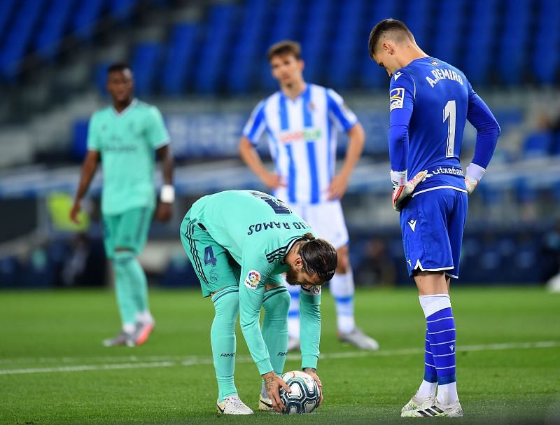 Sergio Ramos&#039;s ball skills distinguish him from other defenders. Here, he prepares to take a penalty against Real Sociedad.