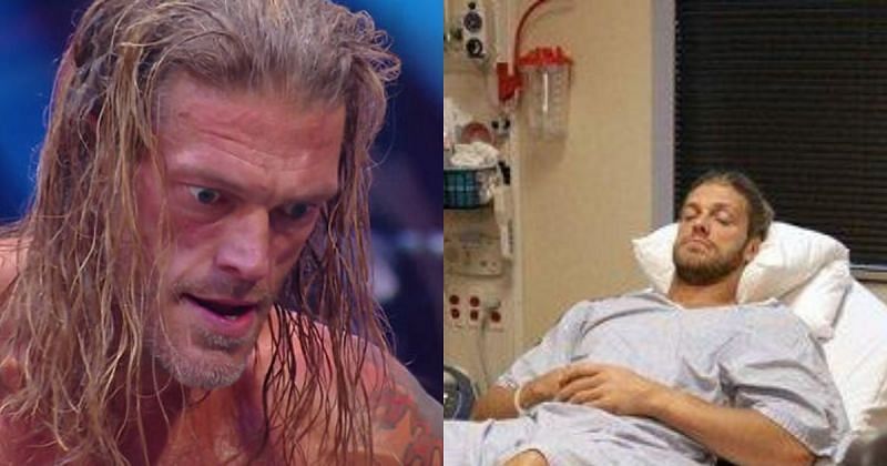 Edge during the Backlash match (L), Edge after an Achilles Tendon surgery in 2009 (R).
