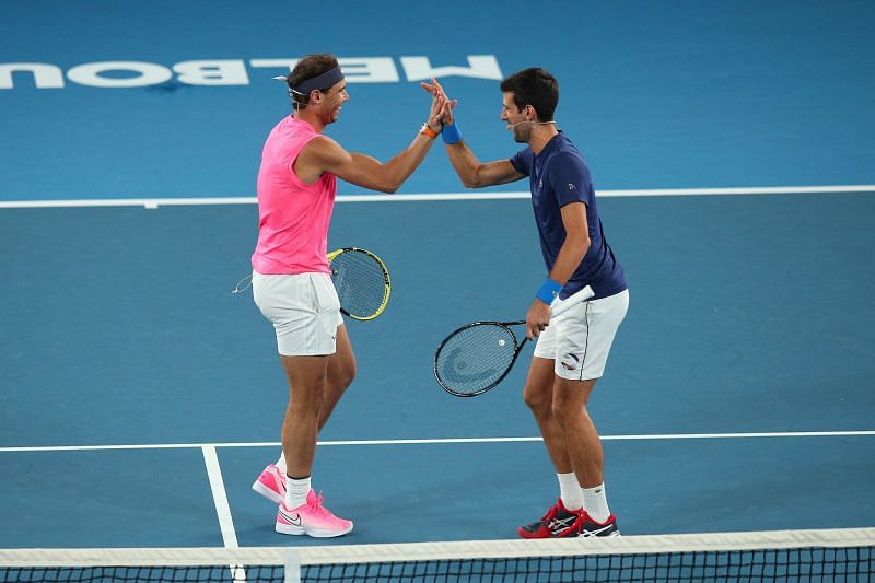 Rafael Naal (L) and Novak Djokovic
