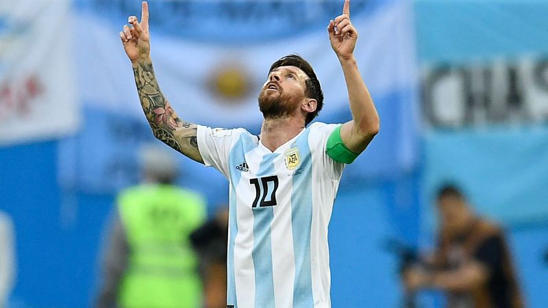 Messi celebrates a goal for Argentina.