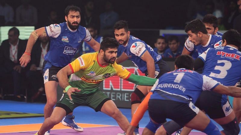 Pardeep Narwal produced a stunning 8-point raid in this match against the Steelers