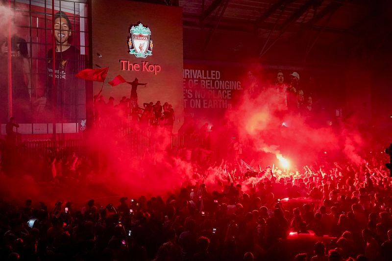 Fans celebrate Liverpool FC winning the EPL title