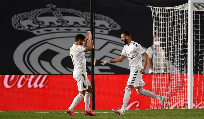 Benzema and Eden Hazard combined for Real Madrid&#039;s opening goal on the hour mark