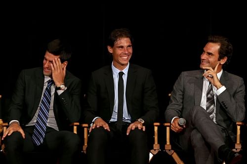 Novak Djokovic (left), Rafael Nadal and Roger Federer (right)