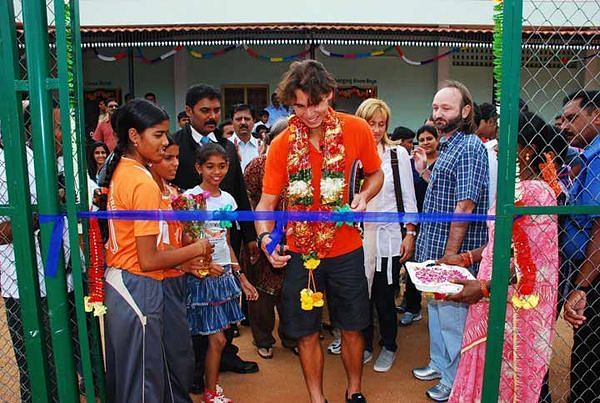 Rafael Nadal in 2010 at the inauguration of his Education cum Sports school in Anantapur, India.