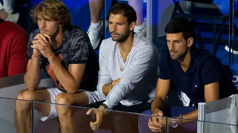 Novak Djokovic watches on play at Adria Tour with Grigor Dimitrov and Sascha Zverev