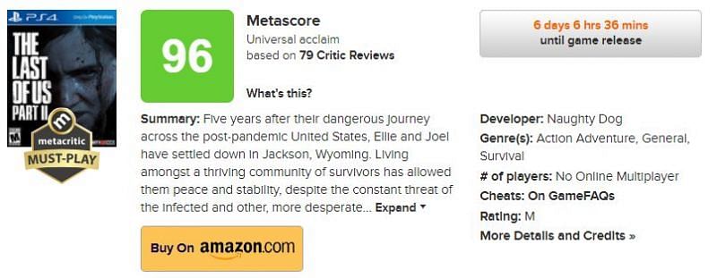 The Last of Us 2 aggregate review score sits at 96, tagged as a Metacritic  must play - One More Game
