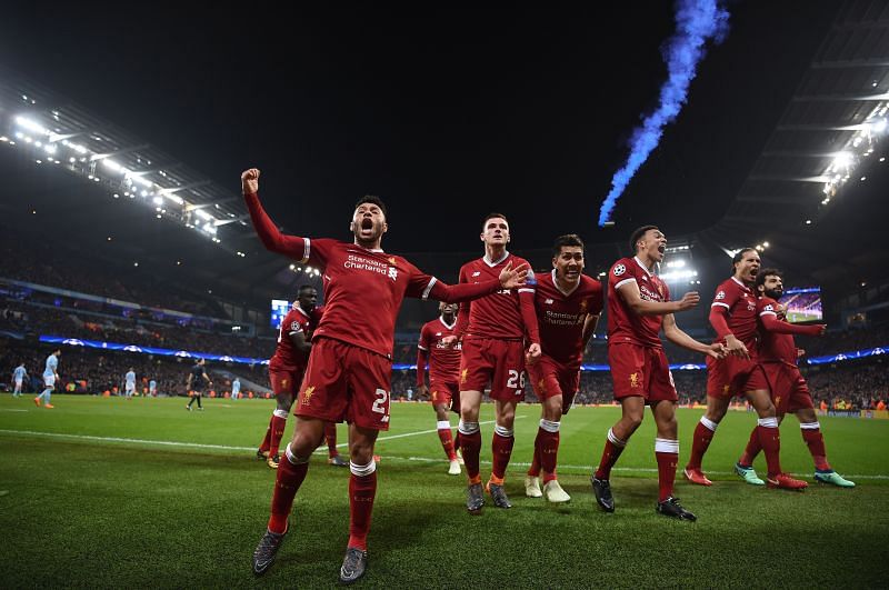 Alexander-Arnold (third from right) and Andy Robertson (besides Oxlade-Chamberlain) have developed into auxillary playmakers for Liverpool under Jurgen Klopp.