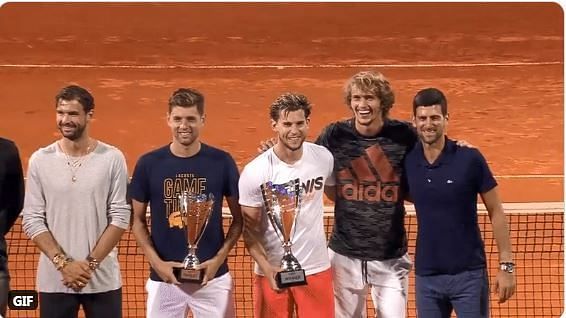 (L-R) Grigor Dimitrov, Filip Krajinovic, Dominic Thiem, Alexander Zverev and Novak Djokovic