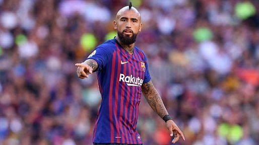 FC Barcelona&#039;s Arturo Vidal in action against RCD Mallorca in La Liga. He took just sixty-five seconds to score the opening goal.